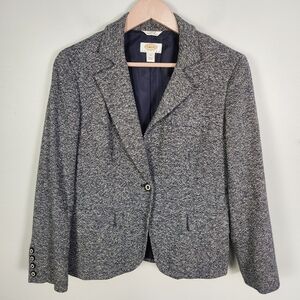 Talbots Petites Navy Blue & White Tweed Single Button Lined Blazer Size 10P #687